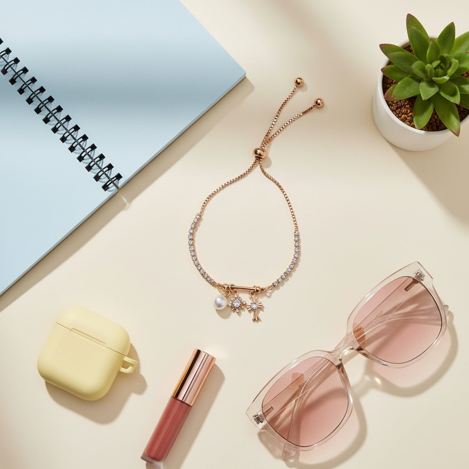 Rose Gold Pearl & Charm Adjustable Bracelet