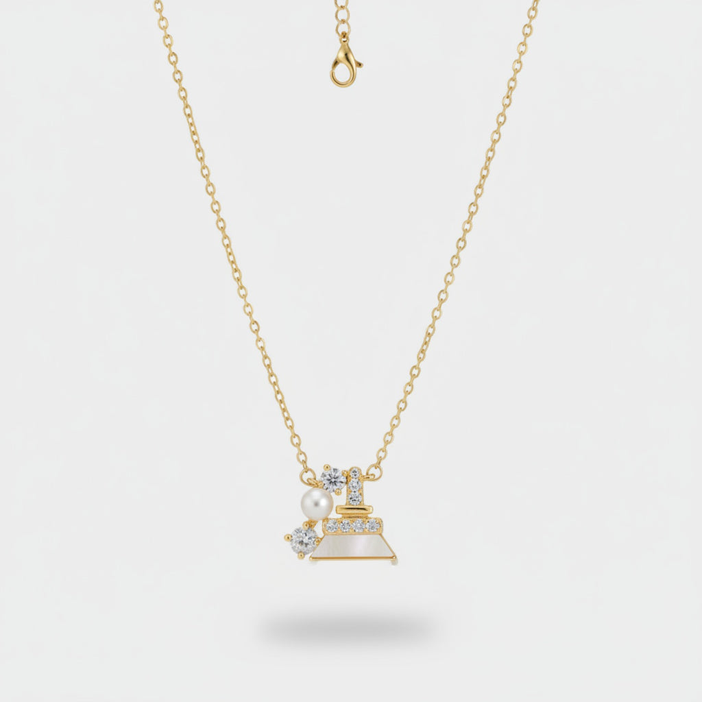 Gold Pearl and Rhinestone Bell Charm Necklace