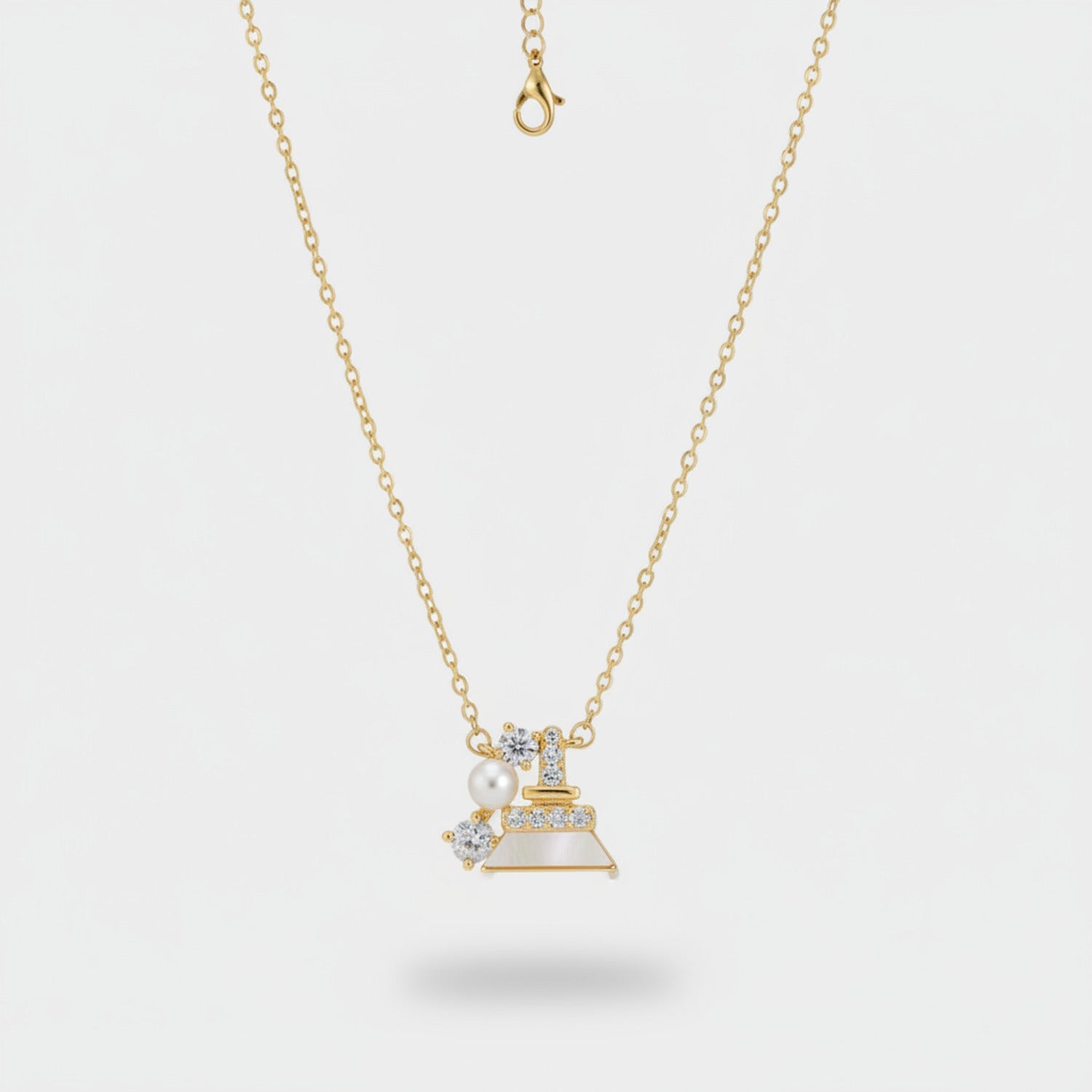 Gold Pearl and Rhinestone Bell Charm Necklace