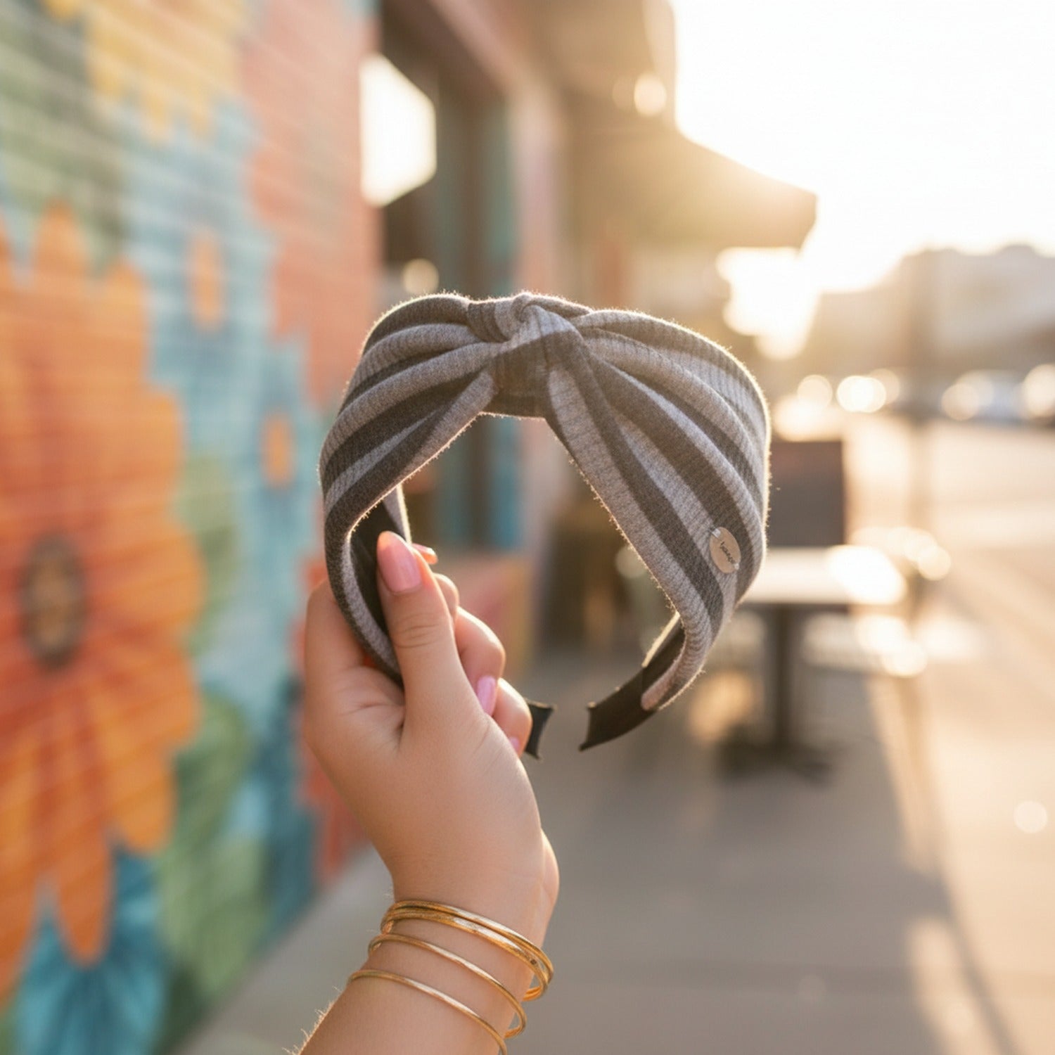 Striped Ribbed Knit Headwrap With Bow