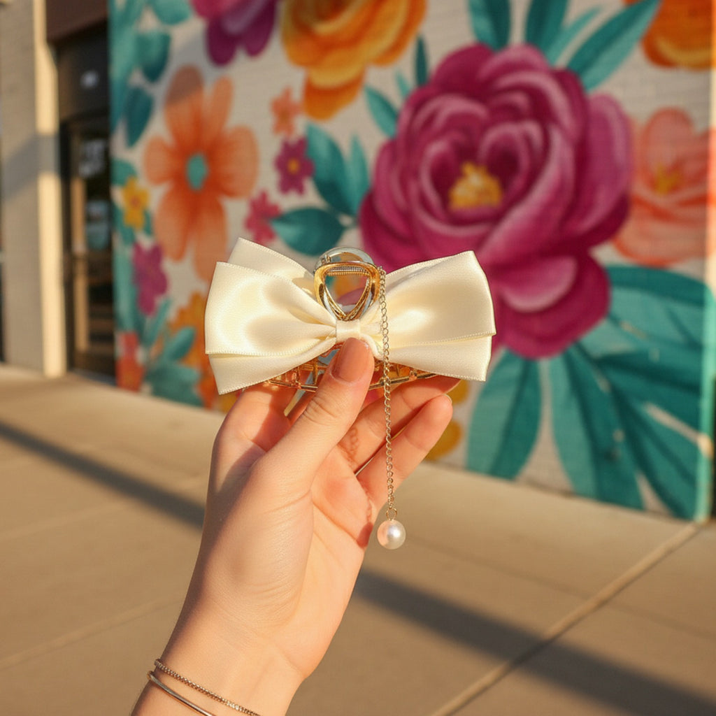 Cream Pearl Charm Bow Hair Claw