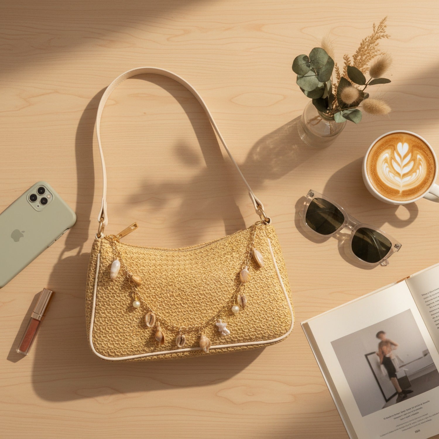 I notice this is a shoulder bag, not a hat or cap. Based on the visible product: Straw Shoulder Bag With Pearl Shell Cha