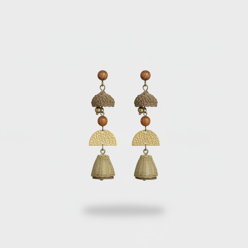 Woven Bell Charm Drop Earrings With Wooden Beads
