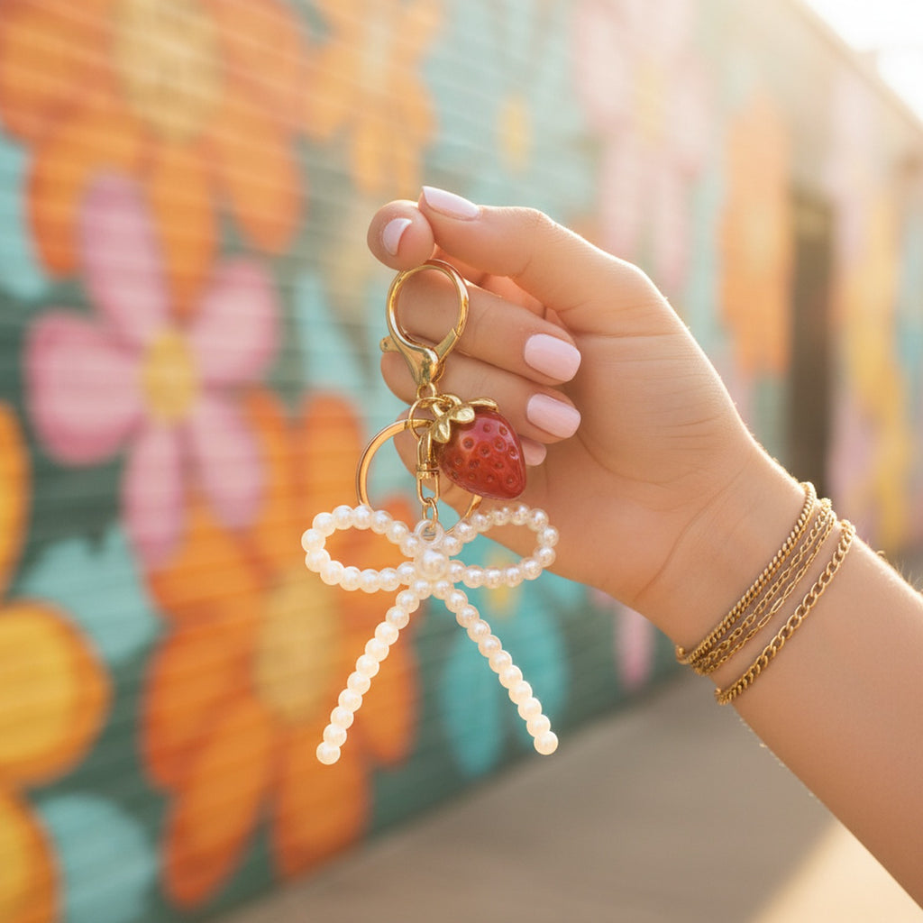 Pearl Bow Strawberry Charm Keyring