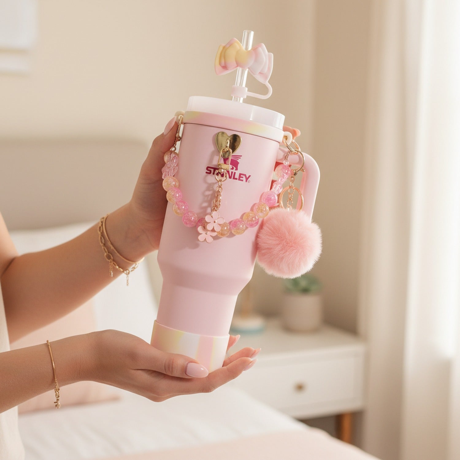Pink Beaded Flower Charm Cup Accessory Set