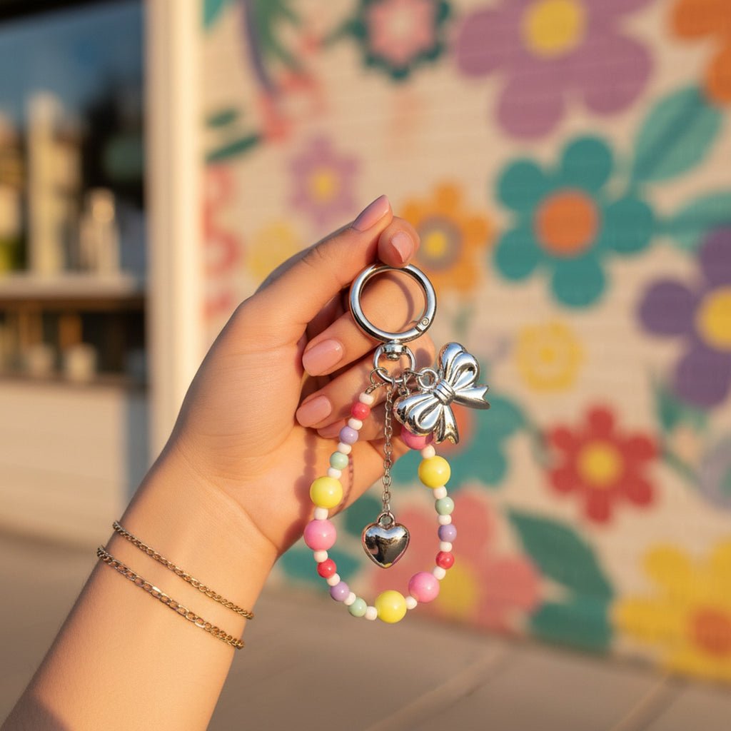 Pastel Beaded Charm Keyring With Butterfly And Heart