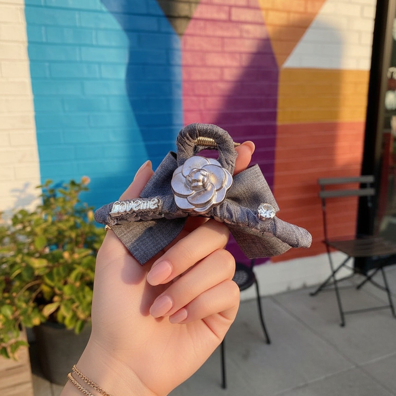 Gray Linen Hair Claw With Rose Charm
