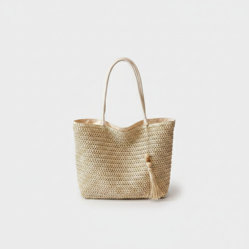 Woven Straw Tote Bag With Tassel Detail