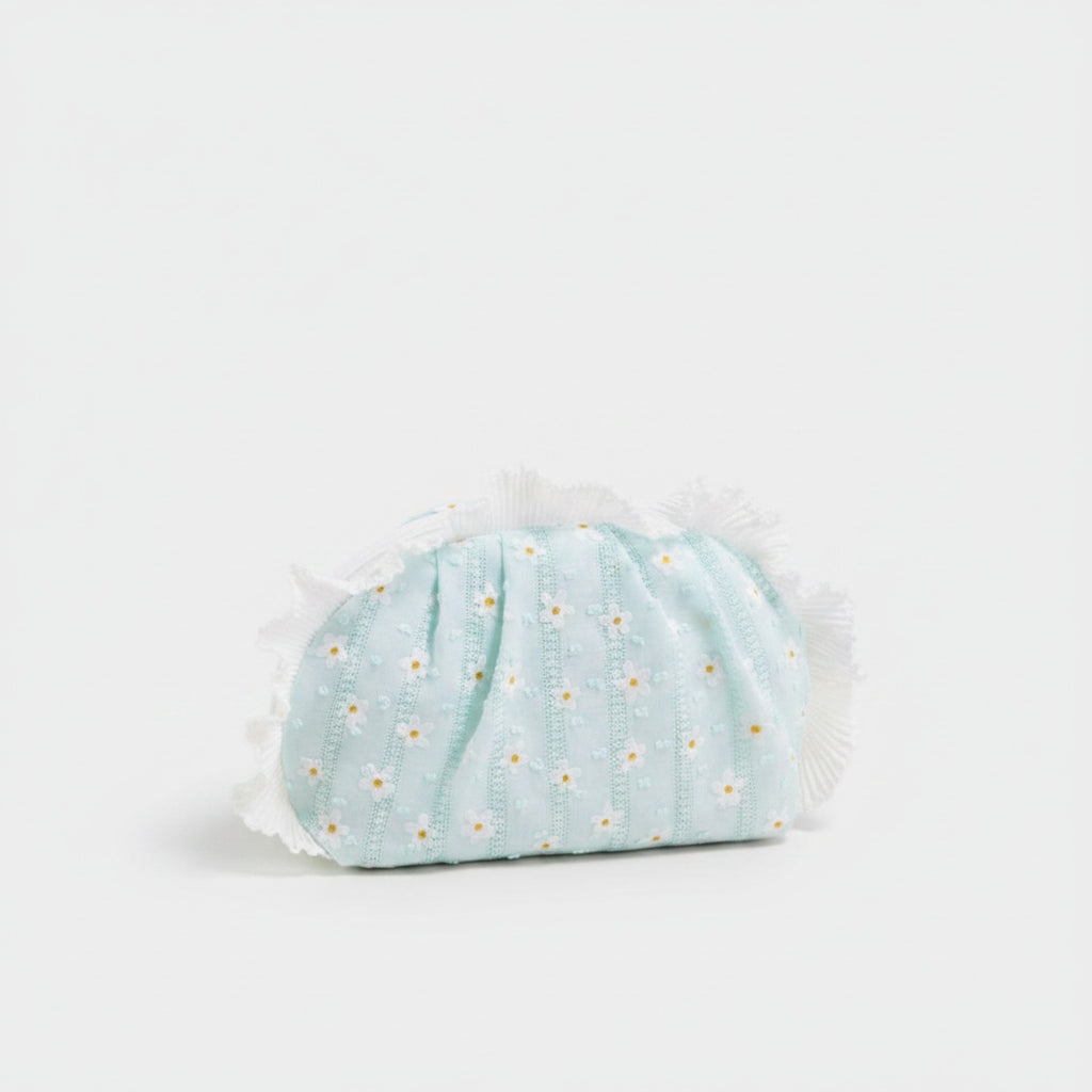 Light Blue Daisy Floral Ruched Cosmetic Bag