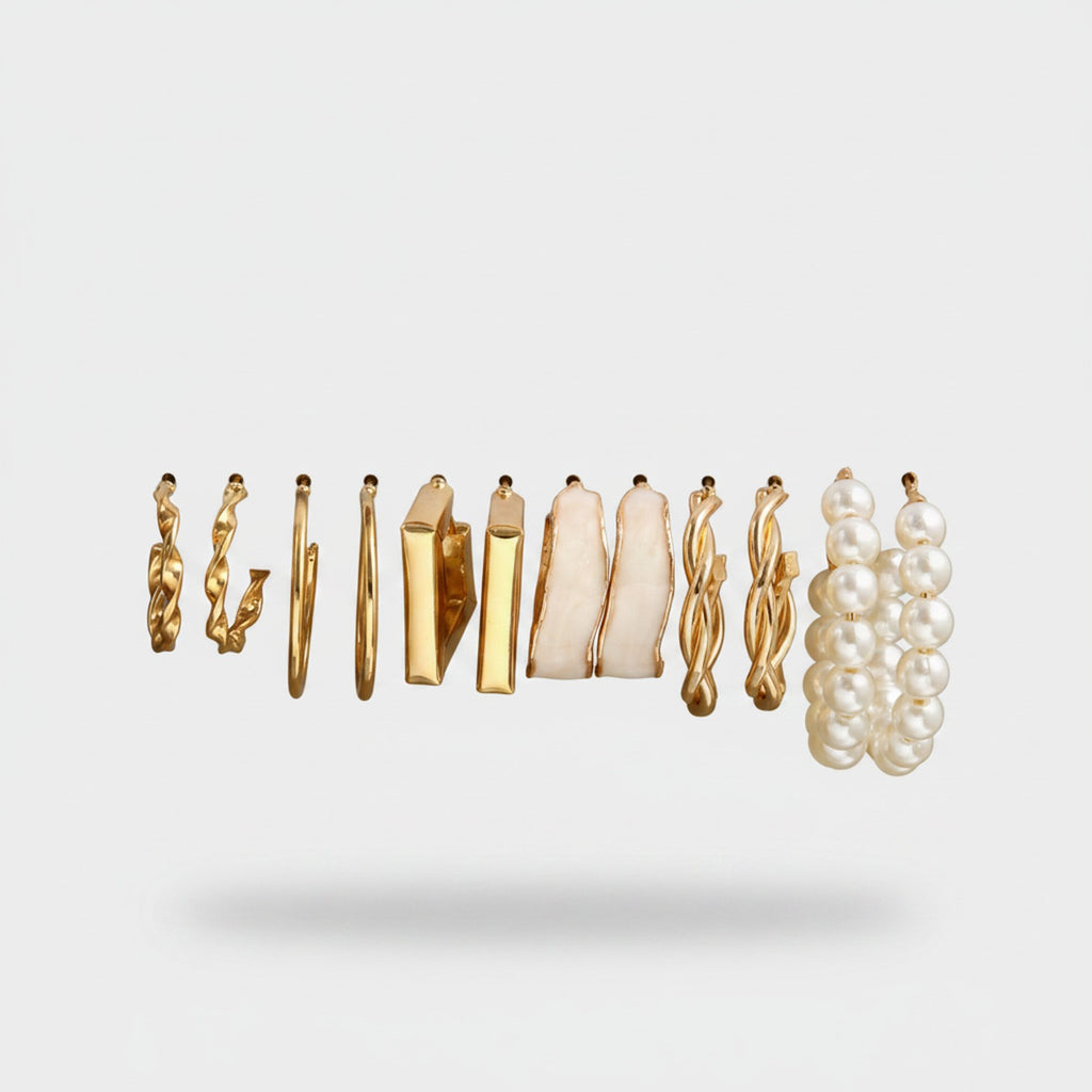 Gold Pearl Beaded Hoop Earring Set