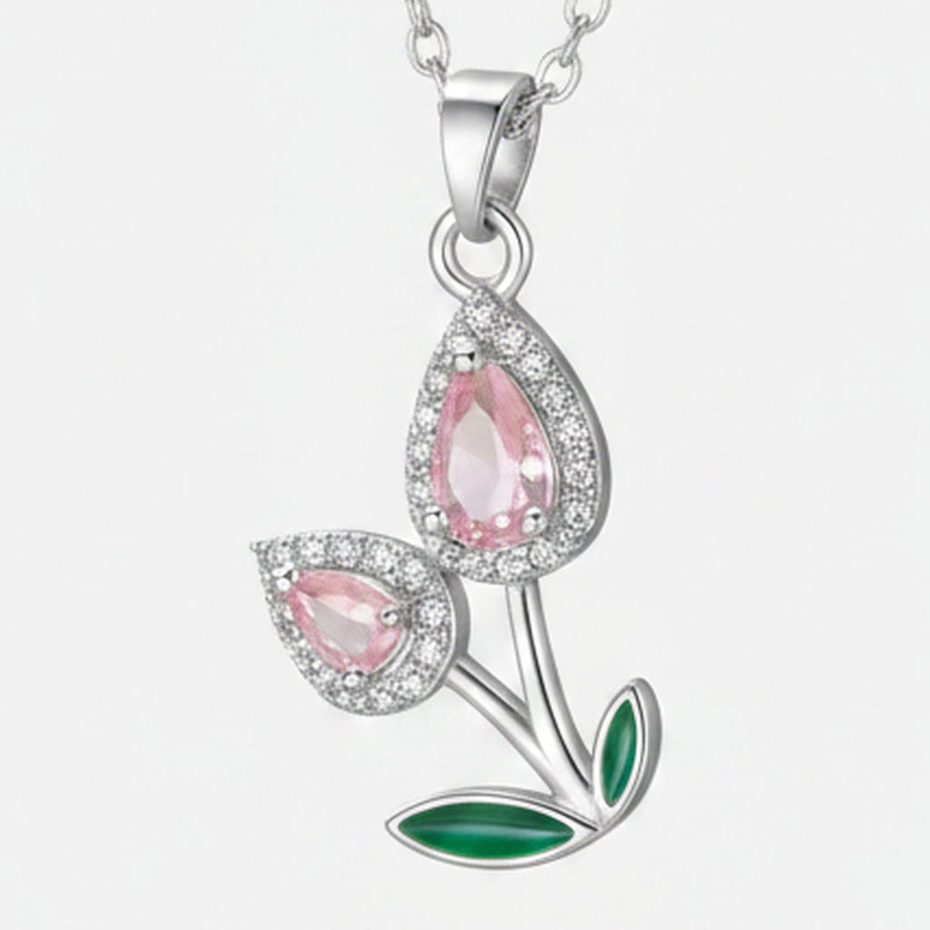 Flower Teardrop Rhinestone Chain Necklace - Pink Diamond Tulip Necklace Silver #9464 – jewelry (view 1)