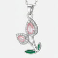 Flower Teardrop Rhinestone Chain Necklace - Pink Diamond Tulip Necklace Silver #9464 – jewelry (view 1)