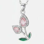 Flower Teardrop Rhinestone Chain Necklace - Pink Diamond Tulip Necklace Silver #9464 – jewelry (view 1)