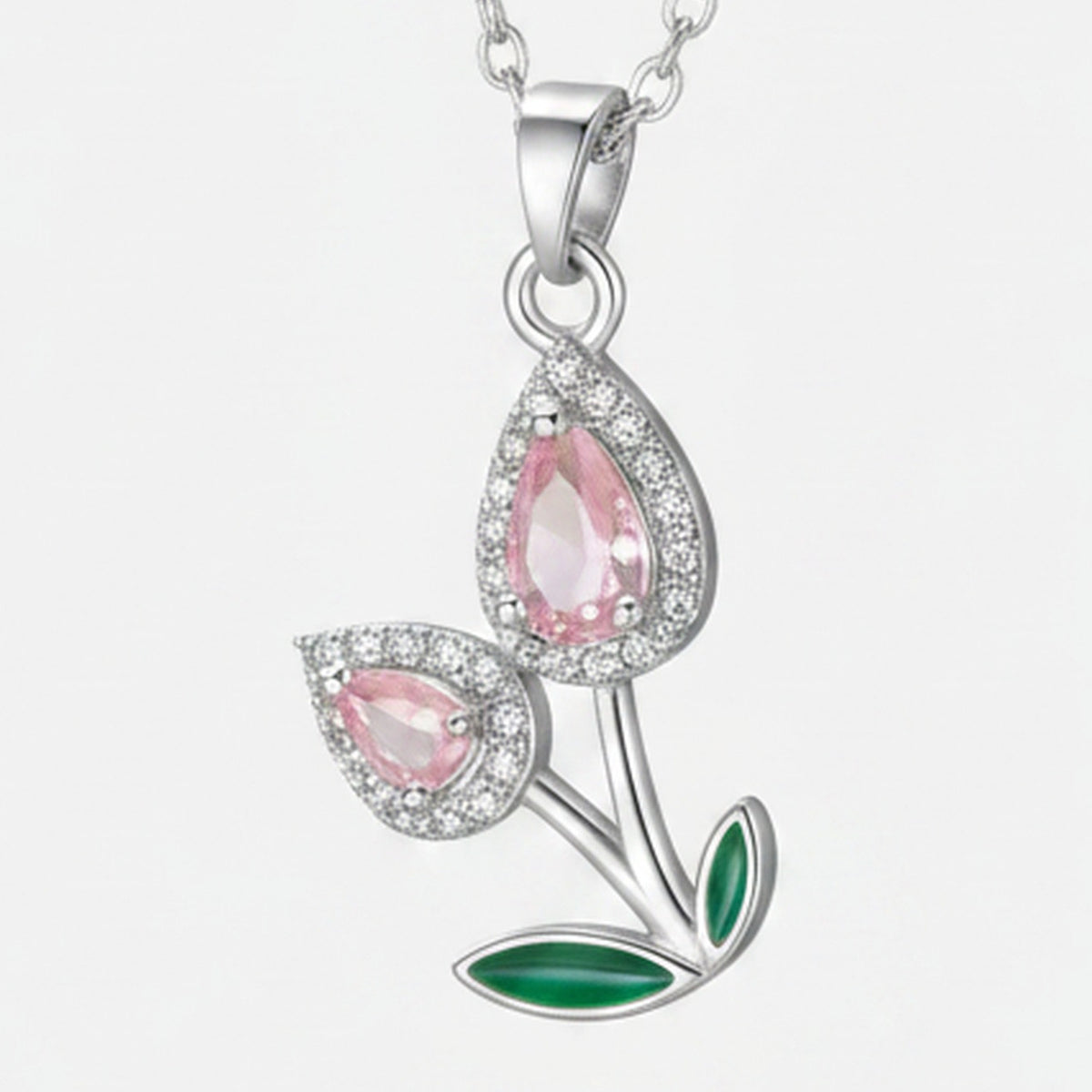 Flower Teardrop Rhinestone Chain Necklace - Pink Diamond Tulip Necklace Silver #9464 – jewelry (view 1)