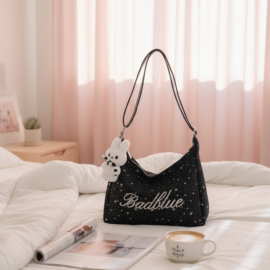 Black Star Studded Hobo Tote Bag With Fluffy Charm
