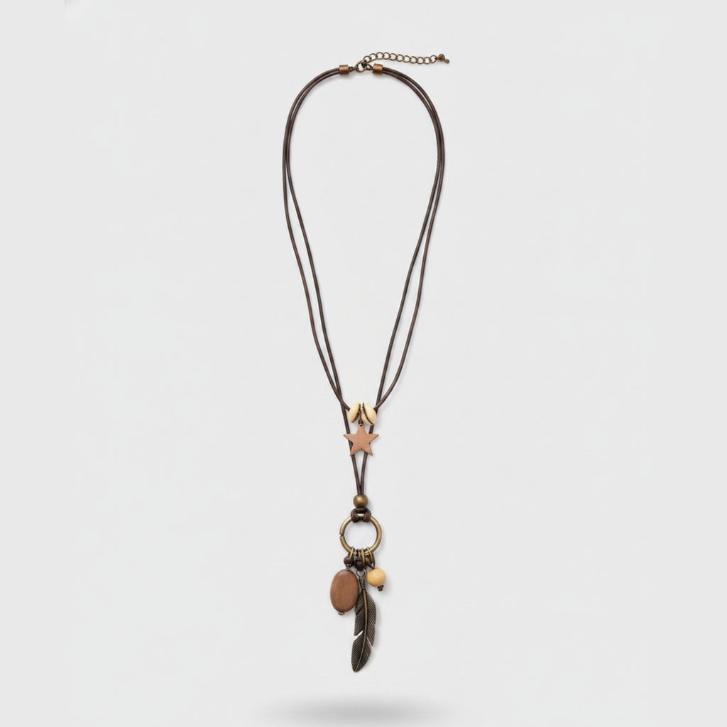 Beaded Pearl Charm Pendant Necklace - Bronze Star Feather – jewelry (view 1)