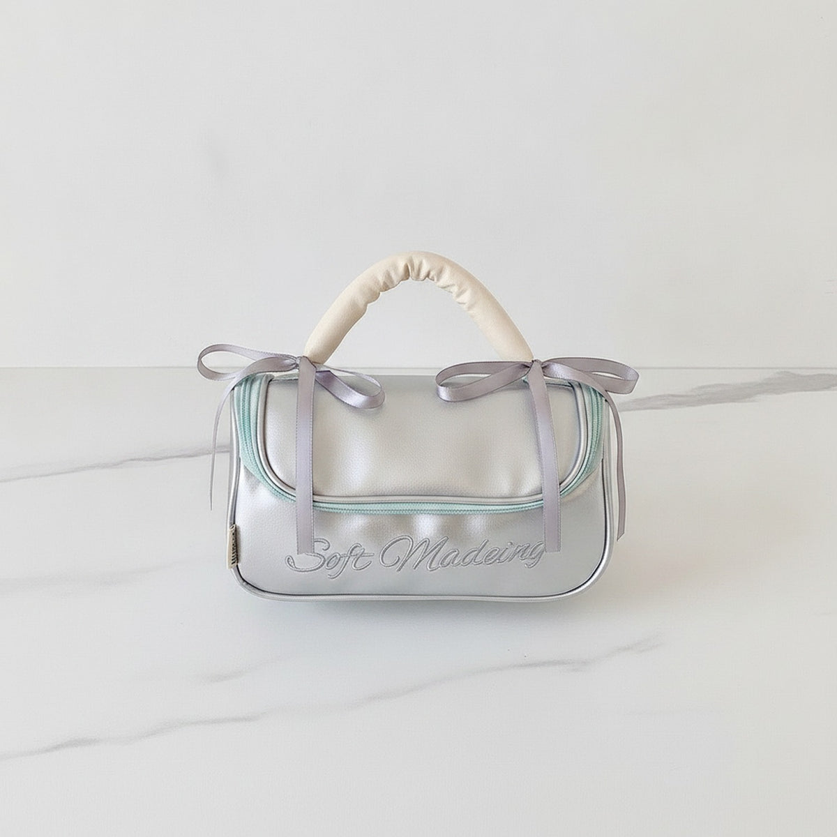 Soft Madeing Bow Handle Cosmetic Bag - Soft Silver