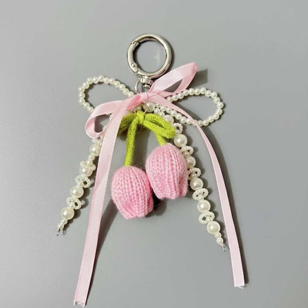 Pink Knit Flower Pearl Beaded Keyring Charm
