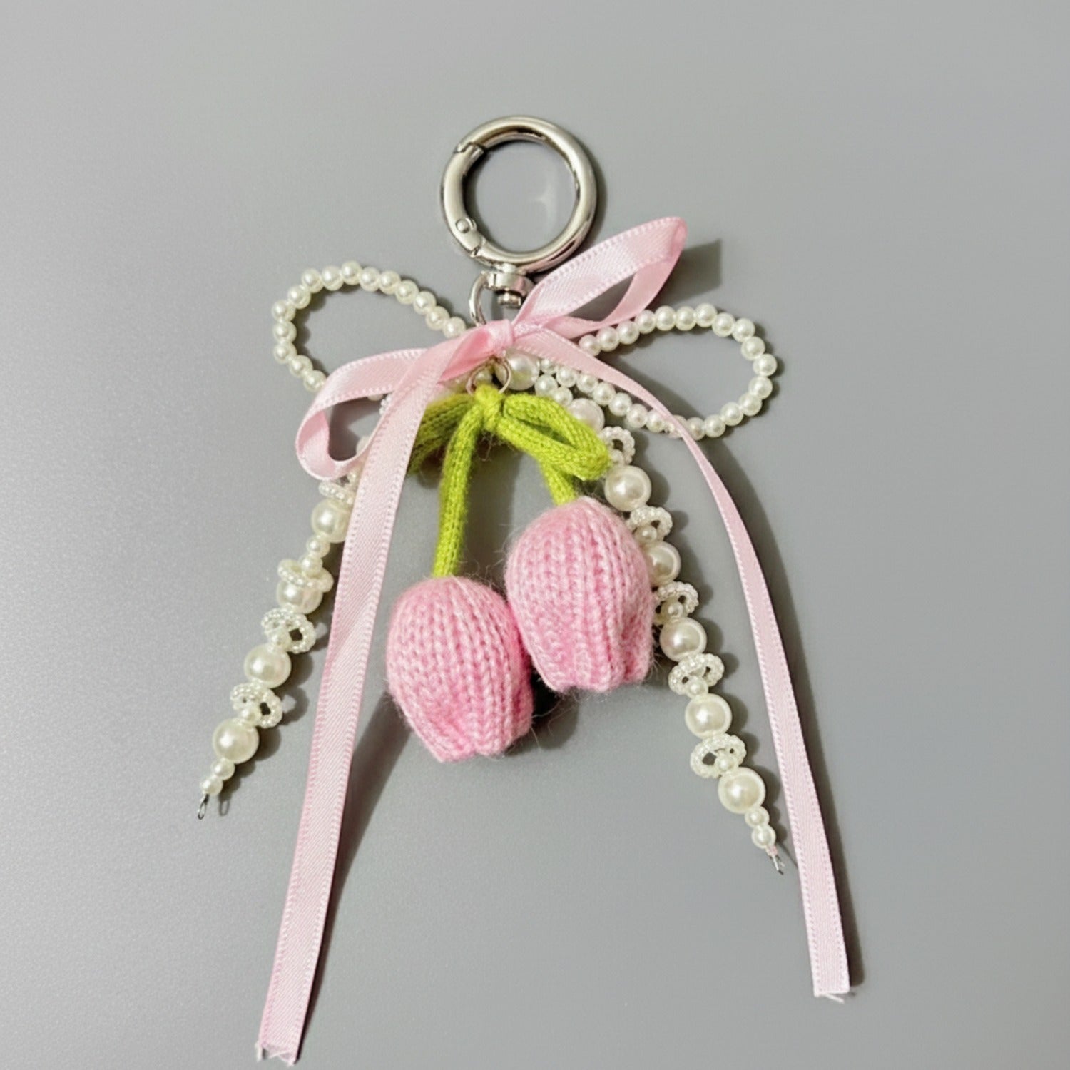 Pink Knit Flower Pearl Beaded Keyring Charm