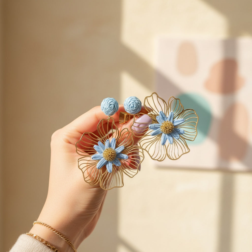 Blue And Gold Flower Dangle Earrings