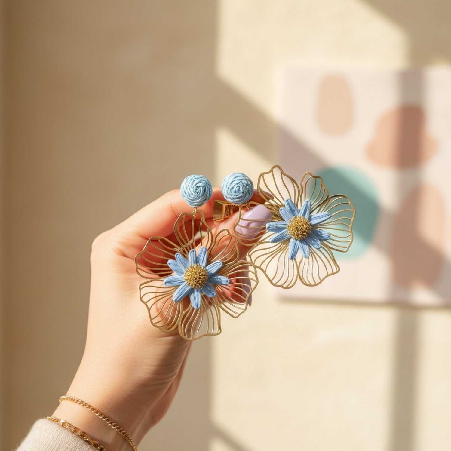 Blue And Gold Flower Dangle Earrings