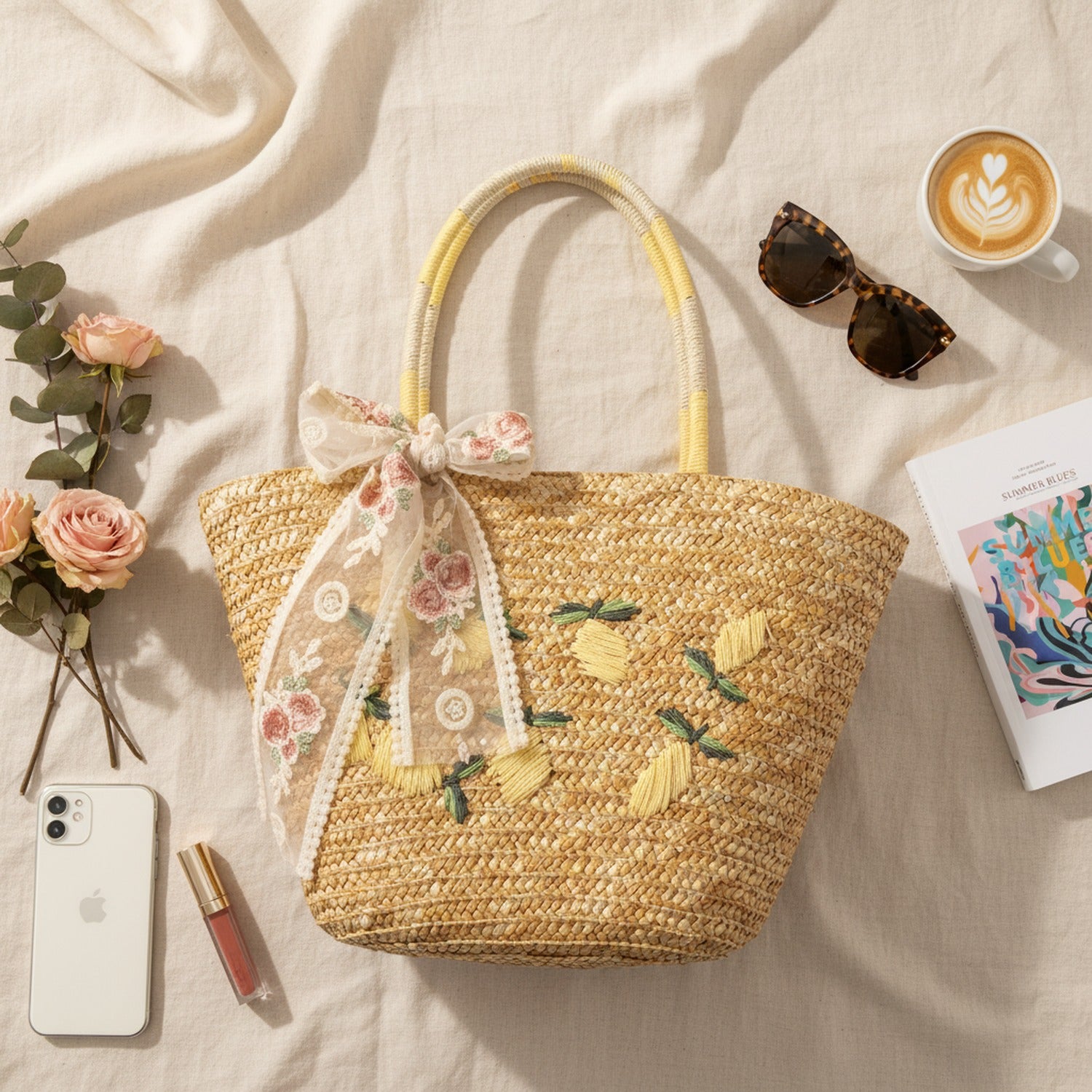 Straw Tote Bag With Floral Ribbon Bow