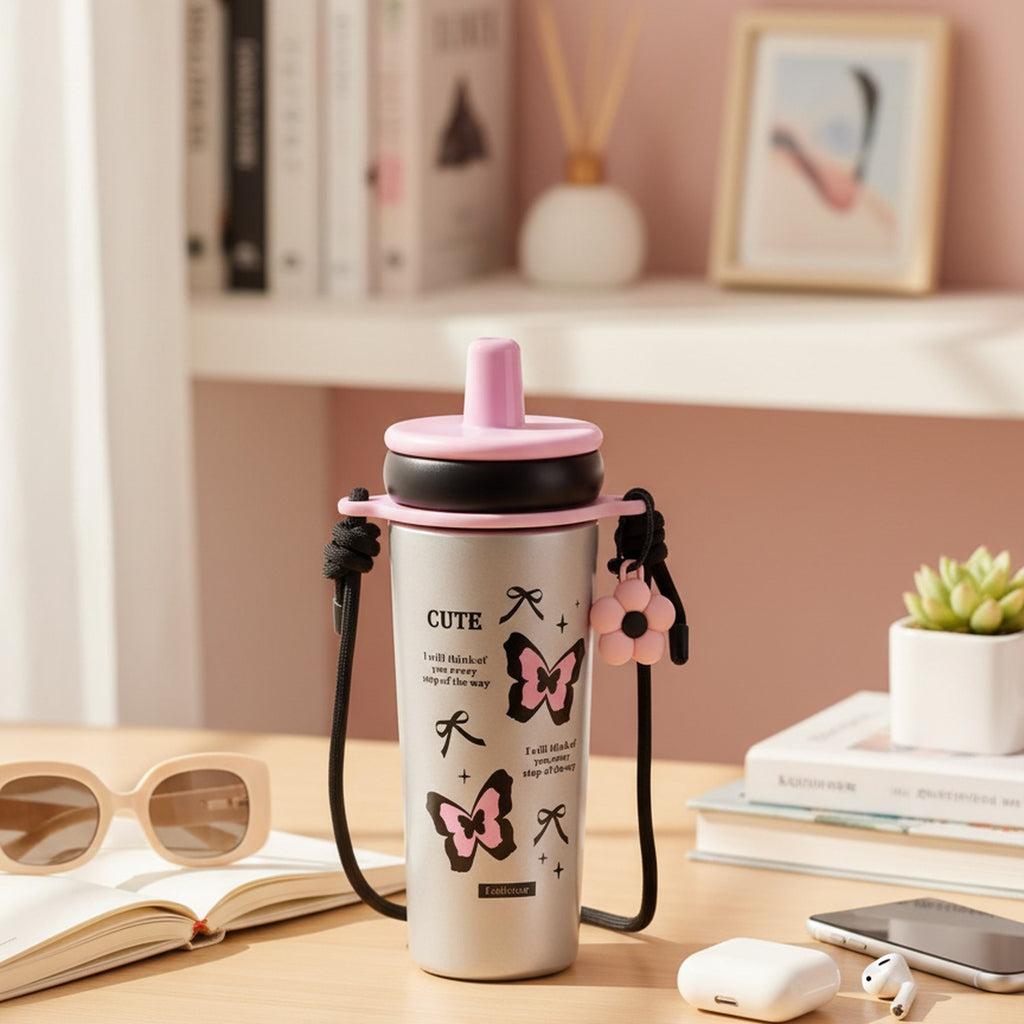 Cute Butterfly Charm Insulated Tumbler With Beaded Strap