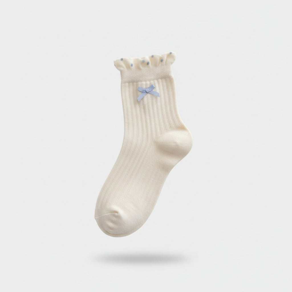 Cream Ribbed Ruffle Bow Socks