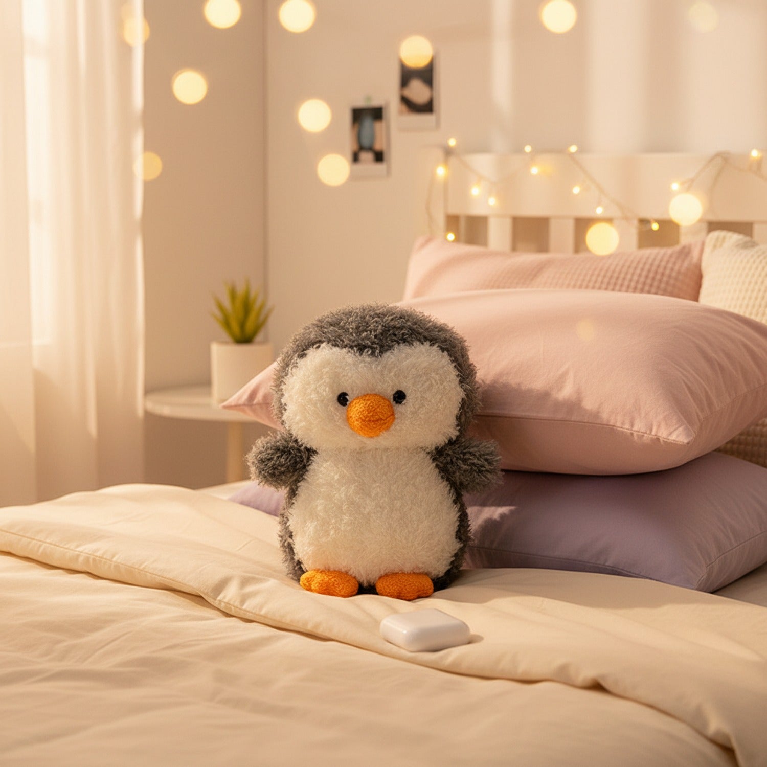 Cute Grey & White Fuzzy Penguin Plush Toy
