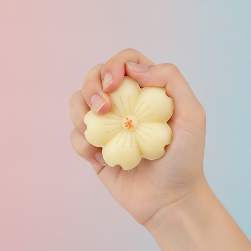 Kawaii Monster Onigiri Rice Ball Toy - Butter Yellow - squeeze in hand