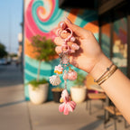 Pink Flower Charm Acrylic Keyring With Heart Top