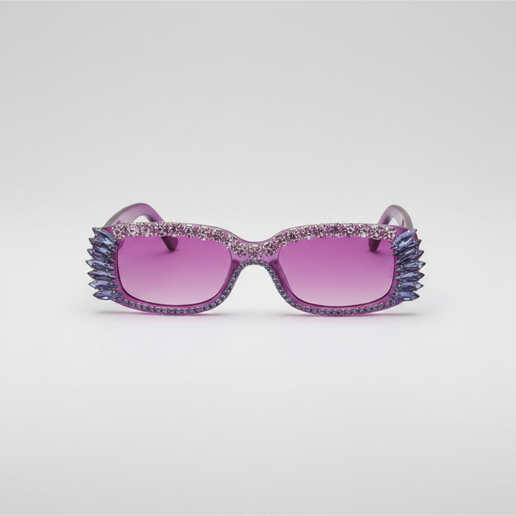 Purple Glitter Oval Sunglasses With Spike Eyelash Details