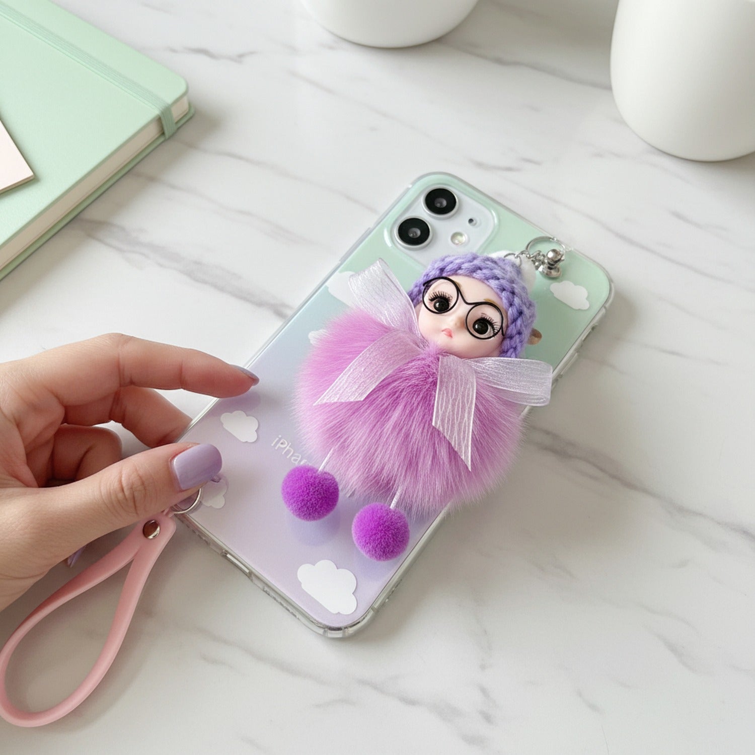 Pink Fuzzy Doll Keyring With Glasses Charm