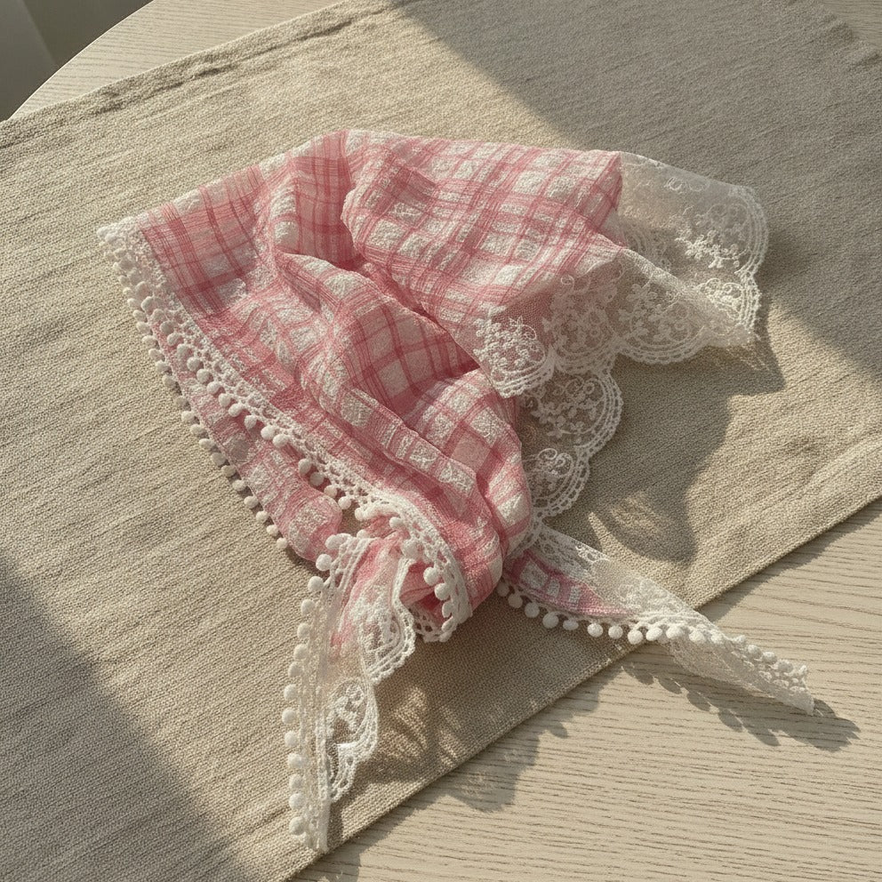 Embroidered Floral Mini Bonnet Headwrap - Pink Plaid