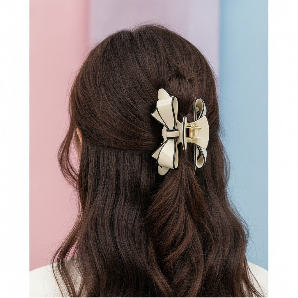 Bow Hair Claw Clip Elegant Women - Beige