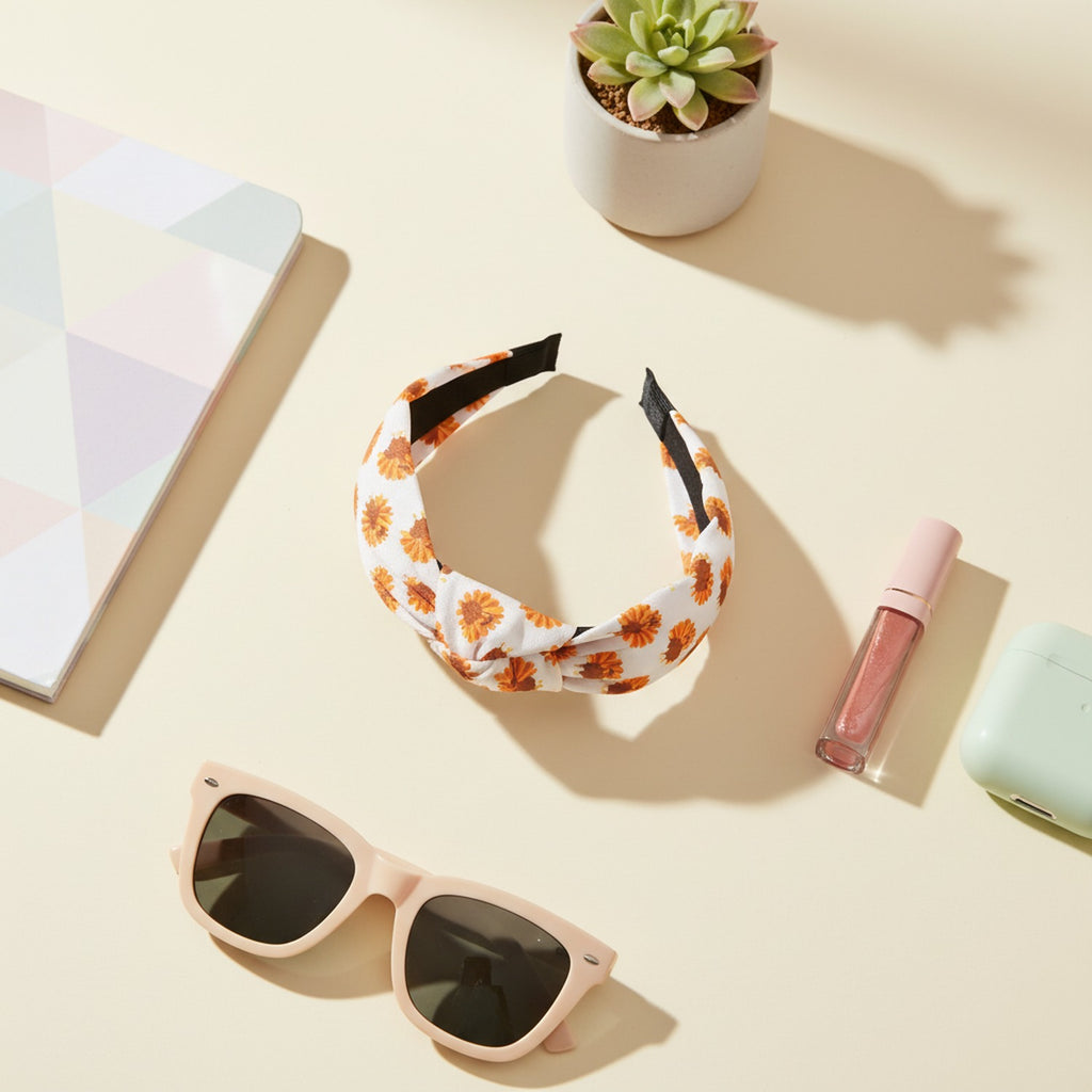Orange Floral Padded Headband With Black Trim