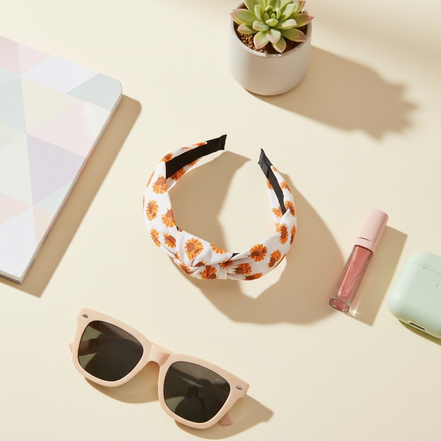 Orange Floral Padded Headband With Black Trim