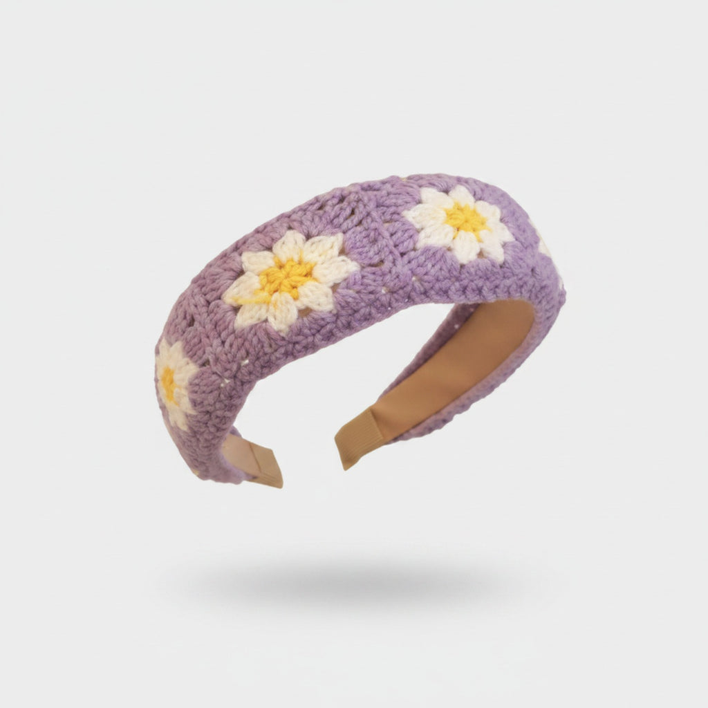 Crochet Daisy Flower Padded Headband Purple
