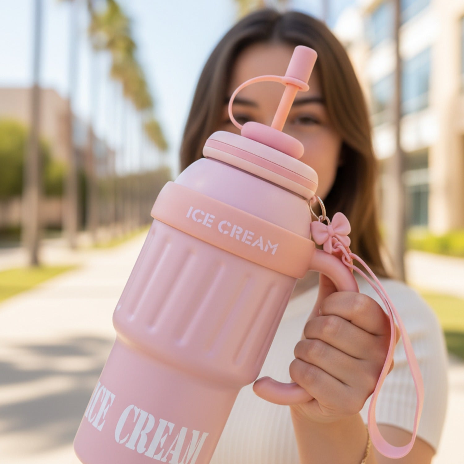 Pink Ice Cream Tumbler With Straw Handle