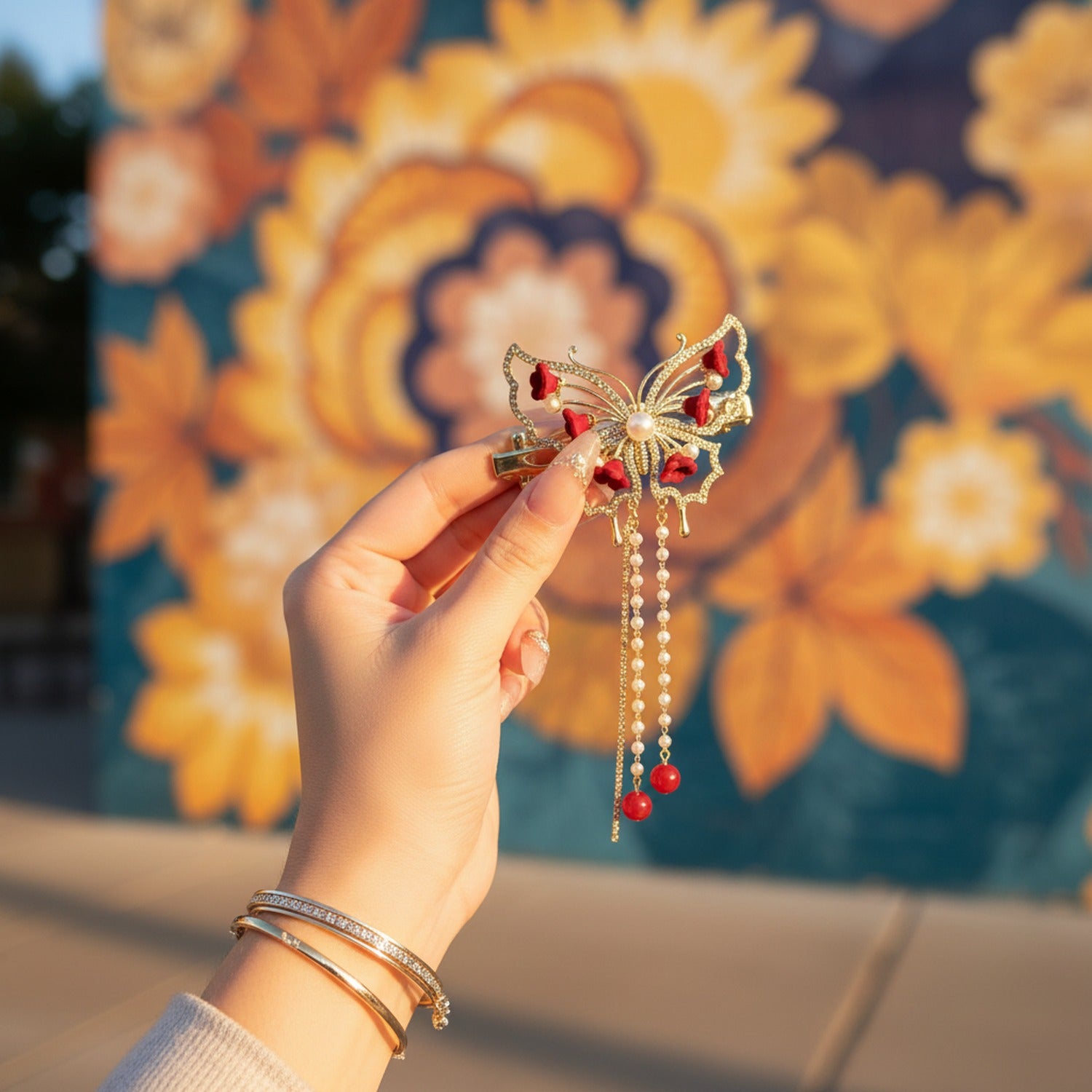 Butterfly Pearl Heart Rhinestone Hair Claw