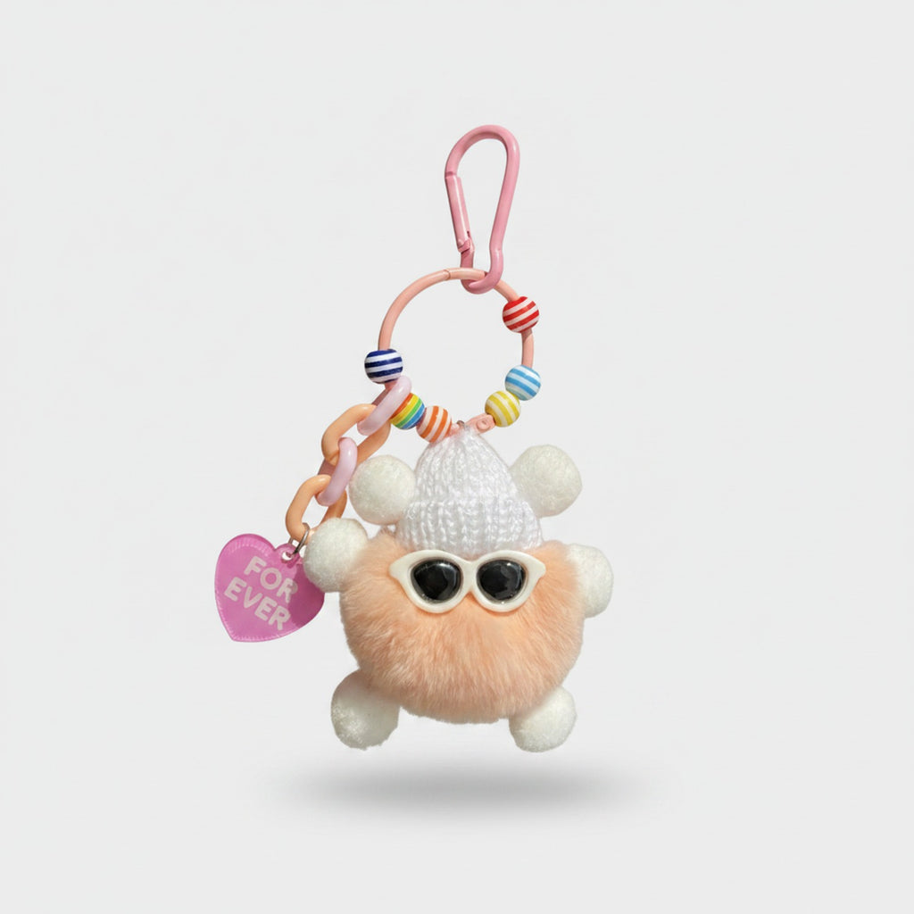 Fuzzy Pom Pom Beaded Keychain With Heart Charm