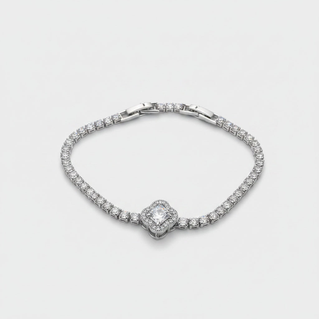 Silver Cushion Cut Diamond Rhinestone Tennis Bracelet