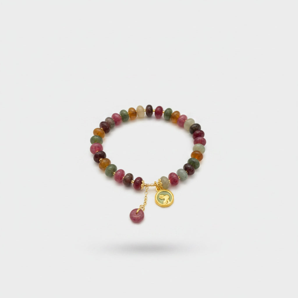 Multicolor Tourmaline Beaded Bracelet With Gold Charm
