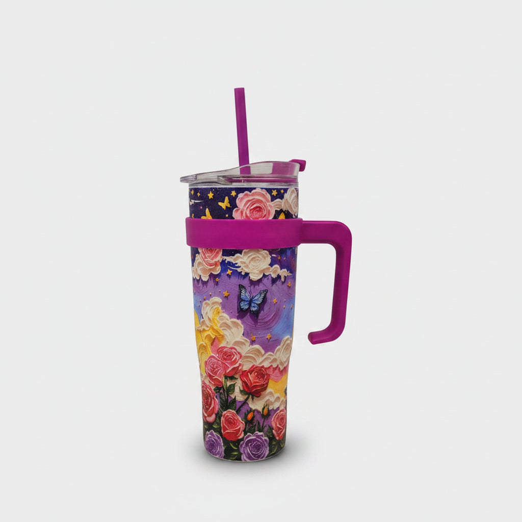Floral Butterfly Insulated Tumbler with Handle and Straw