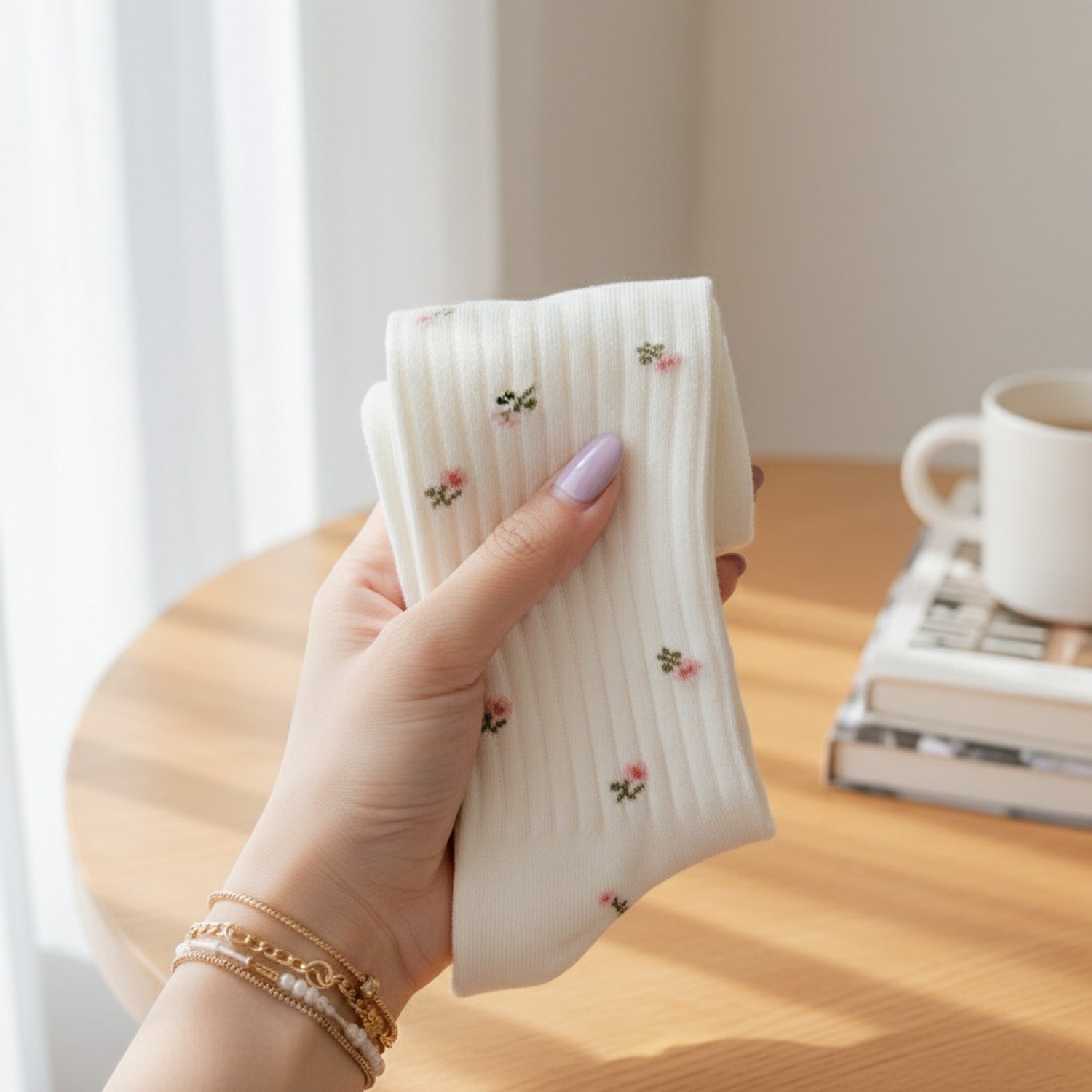 Cream Ribbed Ankle Socks With Floral Embroidery