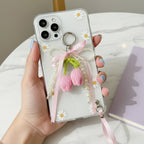 Pink Knit Flower Pearl Beaded Keyring Charm