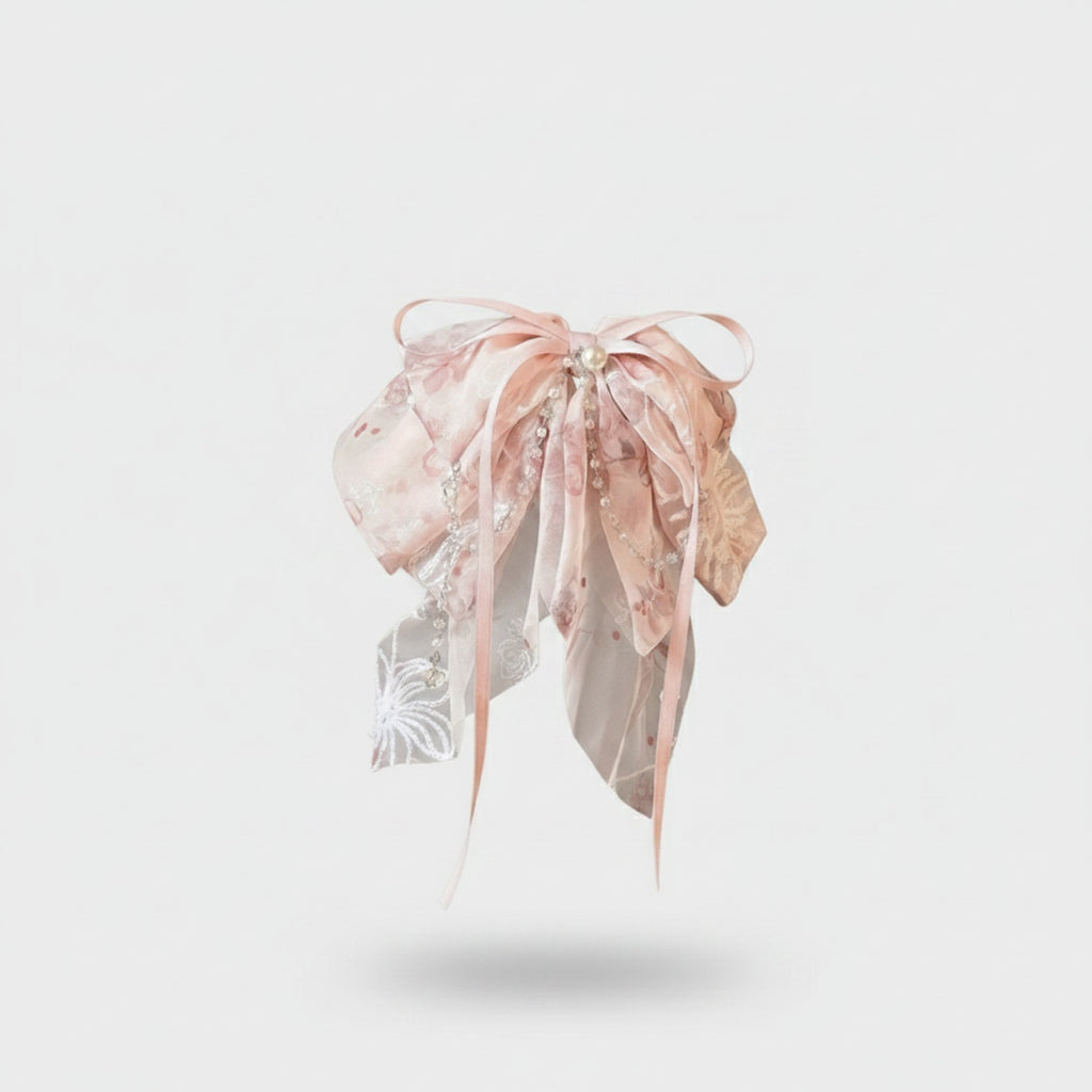 Sheer Ribbon Hair Claw With Pearl Beads