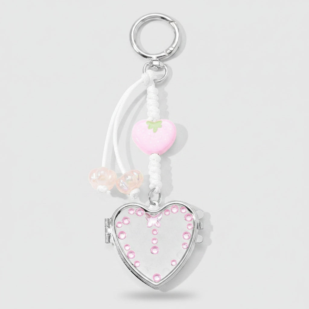 Heart-Shaped Acrylic Keyring With Rhinestones And Charm