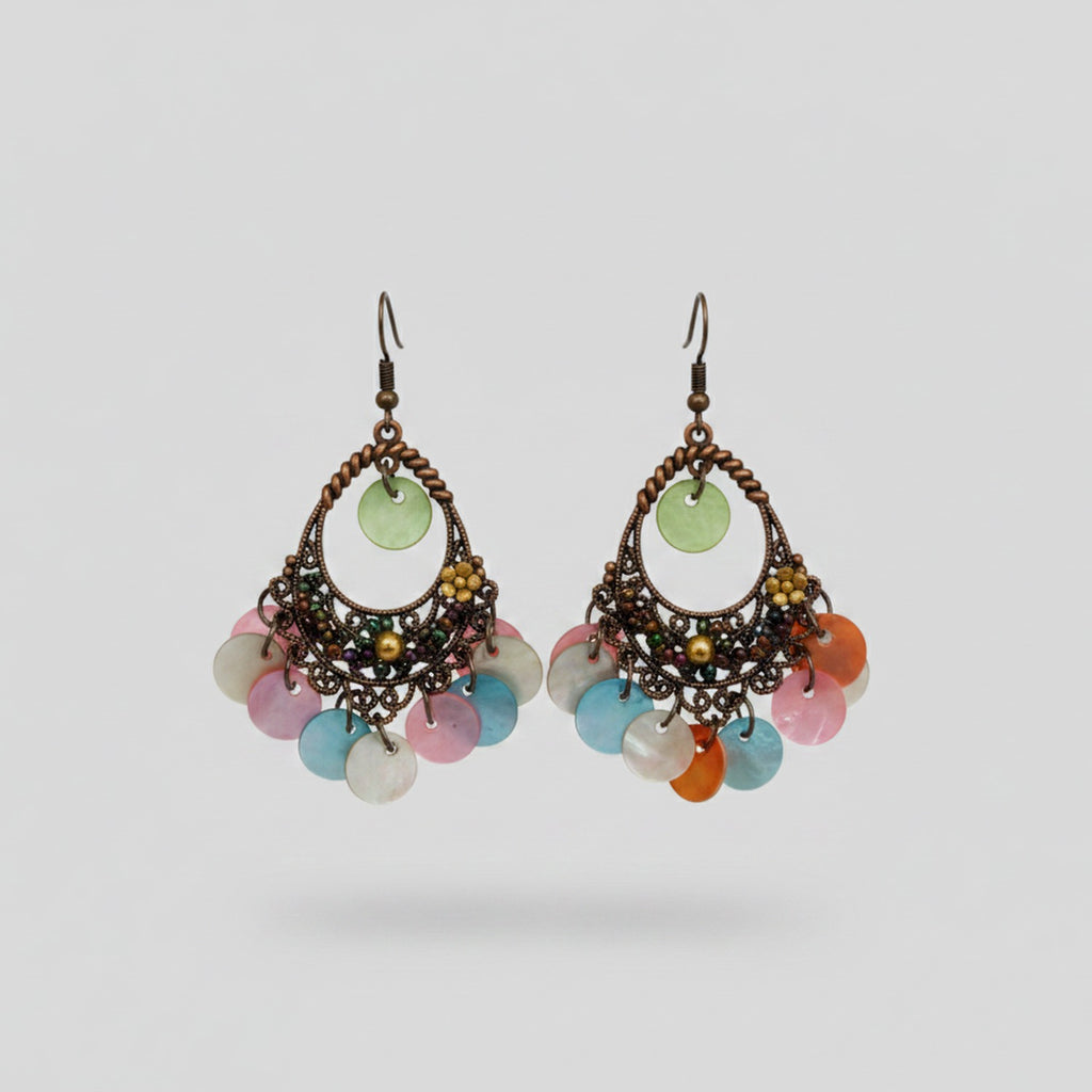Colorful Beaded Chandelier Earrings With Green Stone
