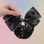 Floral Mesh Bow Hair Claw - Black Floral